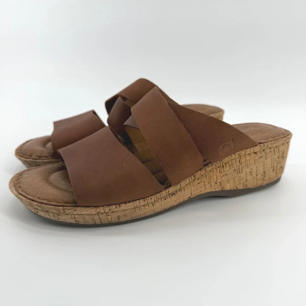 Born Brown Leather Cork Wedge Slide Sandals
